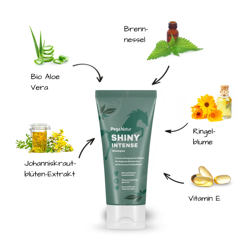 PegaNatur SHINY INTENSE Pferdeshampoo gegen Mauke, Ekzem, Pilze und andere Hautirritationen