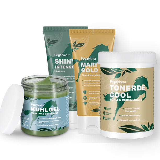 PegaNatur Großes Turnier Paket mit Tonerde COOL, Ringelblumensalbe MARIGOLD, KÜHLGEL und Shampoo für Pferde SHINY INTENSE